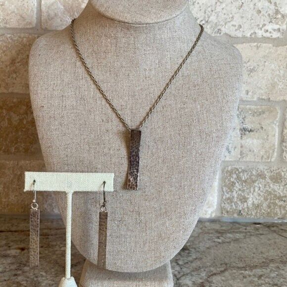 Sterling Hammered Rectangle Pendant Necklace & Drop Earrings Set - Picture 7 of 8